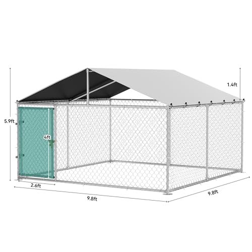 YITAHOME 10'x10' Outdoor Dog Enclosure with Metal Dog Gate, Dog Kennel Outside with Roof, Dog Fence Outdoor for Yard