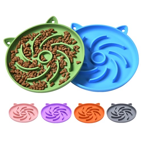 2Pcs Silicone Slow Feeder Cat Bowl,Puzzle Feeder,Interactive Toys,Slow Feeding cat Bowl Suitable for All Dry and Wet Foods,Easy to Clean Silicone Bowls (Green and Blue)