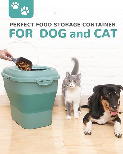DDMOMMY 30-35 Lbs Dog Food Storage Container Collapsible Dog Food Container with Airtight Lids, Wheels, Scoop and 2pcs Food Storage Containers, Large Pet food storage for Dog, Cat (Green)