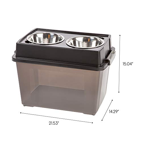 IRIS USA Dog Bowls Elevated with Storage, 15" H Raised Feeding Station, Dog Bowl Stand with Airtight Food Storage Holds 47 lbs, 2 Removable 64 oz Stainless Steel Bowls for Large Dogs, Smoke/Black