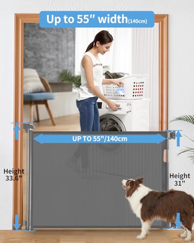 Retractable Baby Gate for Stairs – 33” Height, Expands up to 55” Width – Safety Gate for Infants, Toddlers, Dogs & Pets – Easy Install, Secure Closure, Gray Mesh Design for Indoor & Outdoor Use