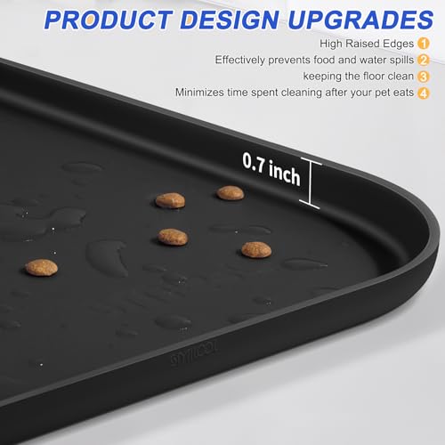 SMILOOL Silicone Pet Food Mat with Raised Edge for Food and Water Bowl, Dog Feeding Mats, Cat Food Trays for Floor Waterproof, Rubber Tray for Dogs and Cats, 19 x 12 x 0.7 Black