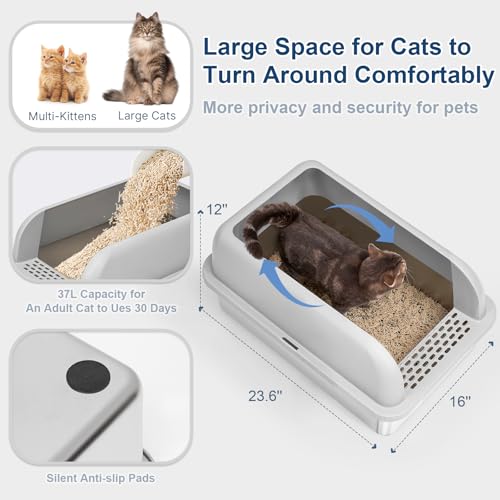 Extra Large Stainless Steel Litter Box with Lid, High Sides Enclosed Cat Litter Box for Big Cats & High Peeing, Anti-Leak & Odor Control Metal Litter Pan, Easy Clean Non-Stick Kitty Litter Box