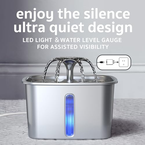 Veken Innovation Award Winner Stainless Steel Cat Water Fountain, 95oz/2.8L Automatic Pet Fountain Dog Water Dispenser with Replacement Filters & Silicone Mat, Gifts for Cats, Dogs (Silver)