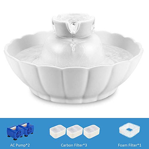iPettie Tritone Ceramic Cat Water Fountain, Heavy-Duty Waterer for Pets, 2.1 Liters / 2.2 Quart Filtered Water Purifier with Replacement Filters and Foam, White