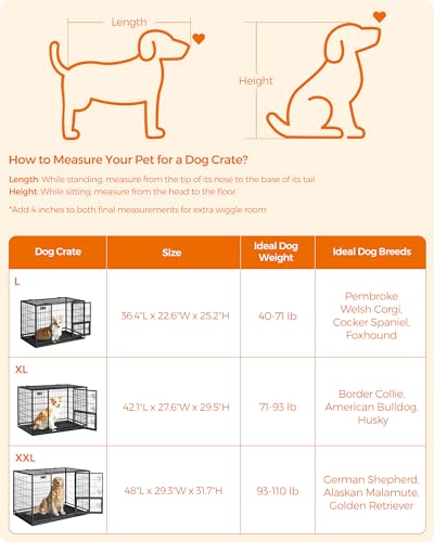 Feandrea 48 Inch Heavy Duty Dog Crate, Metal Escape Proof Dog Kennel with Double Doors and Convenient Feeding Door, Removable Tray, Easy to Clean, XXL Dog Crate for Large and Medium Dogs, Black
