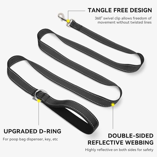 Joytale Dog Leash, 6 FT Double-Sided Reflective, Padded Handle Nylon Heavy Duty Leashes for Medium & Large Dogs Walking, Black