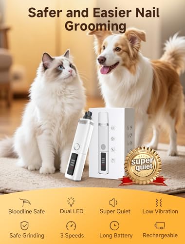 Ckin pet Dog Nail Grinder, Quiet Electric Dog Nail Trimmer with 2 LED Lights, 3-Speed Pet Nail Grinder for Dogs & Cats, Rechargeable 2000mAh Nail Grinder for Small Medium Large Dogs with Light, White