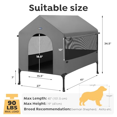 Veehoo 41" Dog House, 2-in-1 Large Dog House Outdoor Indoor Weatherproof, Outside Elevated Dog Cot Bed Dog Tent Shade, Three-Sided Breathable Mesh Windows and Sunshades, CWC2435CP