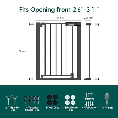 Babelio Baby Gate for Doorways and Stairs, 26-31" Pet Gate with Wide Walk Thru Door and Lock Indicator, No Drill Pressure Mounted Safety Gate with Double Lock and Self-Closing, Black