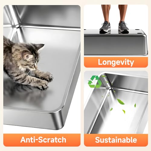 TEVILA Stainless Steel Litter Box with High Sides, XL High Sided Cat Litter Pan, Open Top Extra Large Metal Cat Litter Box, Non-Stick, Odor Free, Leakproof, Scoop Included, Gray