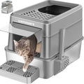 URPOWER Stainless Steel Cat Litter Box with Lid Extra Large Enclosed Litter Box Non-Sticky Metal Pan with High Sided & Scoop, Odor Free, Front & Top Entry, Anti-Leakage, Easy Cleaning