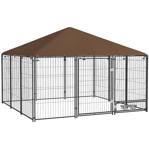 PawHut Outside Dog Kennel, 7' x 7' x 5' Puppy Play Pen with Canopy, Garden Playpen Fence Crate Enclosure Cage Rotating Bowl, for Dogs, Chickens, Ducks, Black