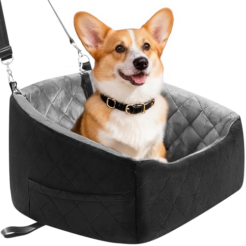 KANGREST Dog Car Seat for Small Dogs Up to 30 Lbs, Pet Travel Safety Bed for Puppy Cat, Fits in Front/Back Seat, Anti Slip Base, Fully Detachable Washable with 2 Safety Tether(Grey-Black)