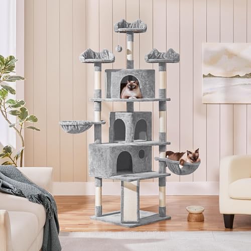 Yaheetech 76.5in Multi-Level Large Cat Tree, Big Cat Tower with 3 Condos, Cozy Plush Perches, 9 Sisal Scratching Posts and Ladder, Activity Center for Large Kitties, Light Gray