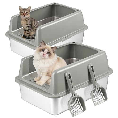 Kirecoo 2 Pack Stainless Steel Litter Box with Lid, Large Enclosed Metal Cat Litter Box Pan High Sided, Easy Clean Anti-Leakage Litterbox Tray for Indoor Big Cats, Kittens or Multicat, Scoop Included