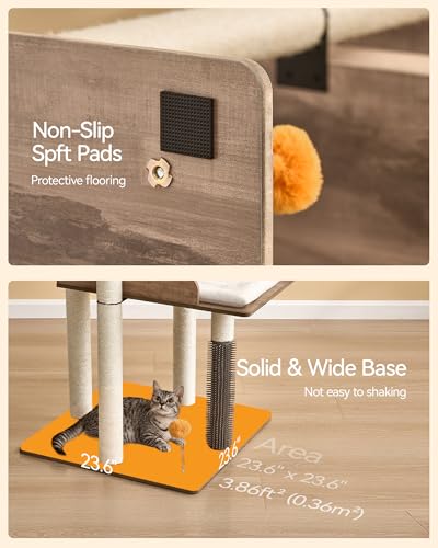 FourFurPets 43.7" Cat Tree, Modern Cat Tree Tower, Cat Tower for Indoor Cats Large Adult, Cat Condo with Scratching Post, Large Perch and Removable Pads, Greige