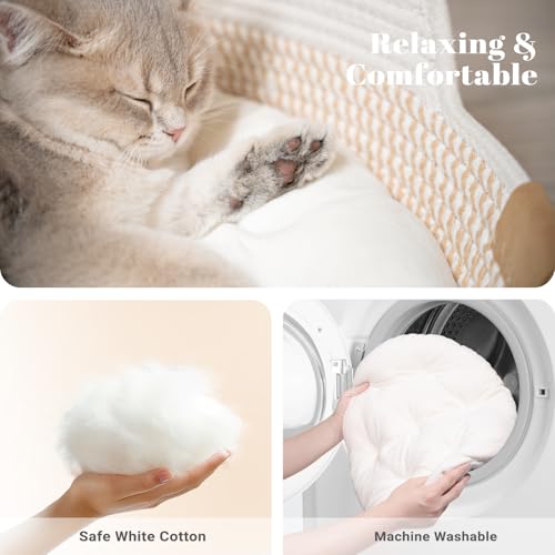 CHEERHOME PETS Cat Bed Basket with Cushion, Cotton Rope Woven Pet Bed for Indoor Cats Couch, Stimulicat Cat Bed Handwoven Breathable, All Season Universal (White)