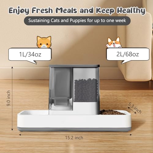 GearRoot Automatic Cat Feeder and Water Dispenser, 2 in 1 Gravity Pet Food Feeder and Water Dispenser Detachable Cat Food Dispenser for Small Dogs and Cats, Gray