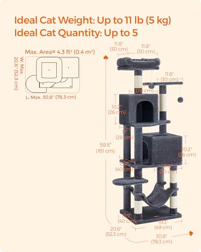 Feandrea Cat Tree, 59.5-Inch Tall Cat Tower, Plush Multi-Level Condo with 5 Scratching Posts, 2 Perches, 2 Caves, Hammock, 2 Pompoms, Smoky Gray UPCT192G01