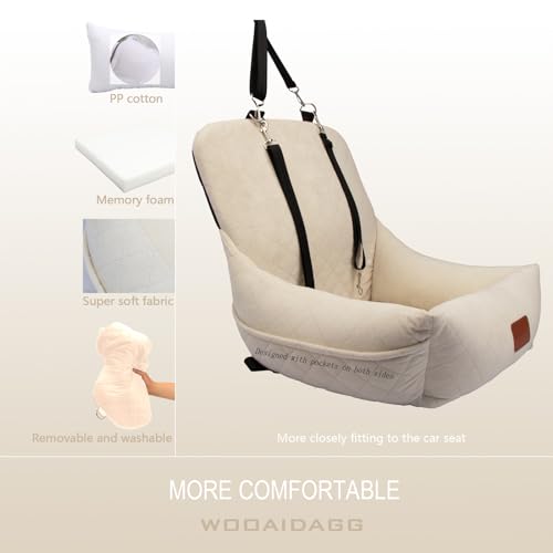 WOOAIDAGG Dog Car Seat for Small Dogs,Ultra-Soft Fabric,2 Storage Pockets & Safety Leash,Adjustable Straps,Easy to Install,Fully Detachable and Washable(Beige)