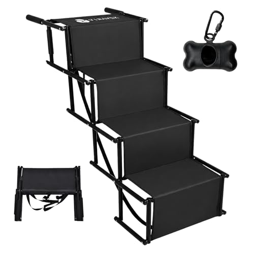 Dog Stairs for Car, Truck & SUV – Foldable Dog Steps for Small & Large Dogs with Anti Slip Surface & Poop Bag Dispenser, Lightweight Dog Ramp Holds Up to 130lbs