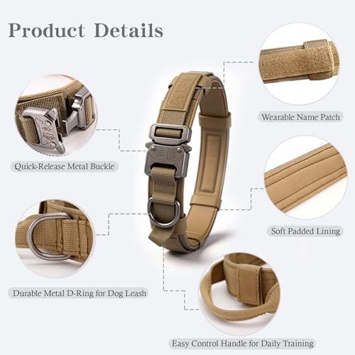 Xqpetlihai Tactical Dog Collar Adjustable Military Nylon Dog Collar with Control Handle and Heavy Duty Metal Buckle for Medium and Large Dogs (Brown,L)