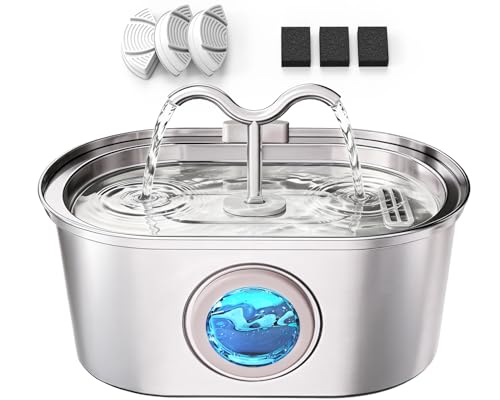 Stainless Steel Cat Water Fountain, 108oz/3.2L Pet Water Fountain for Cats Indoor, with Dual Spouts for Multiple Cats, Ultra-Quiet Automatic Dog Water Dispenser, 3 Replacement Filters Included
