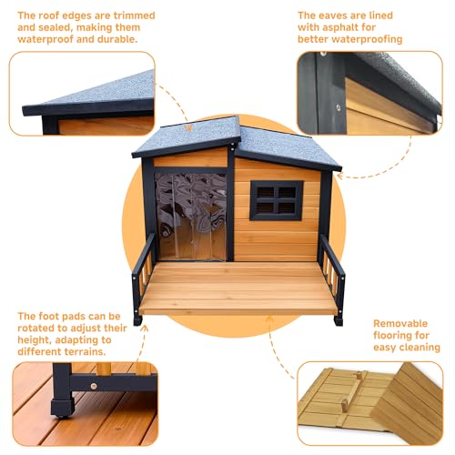 RUNSHED Large Indoor Outdoor Dog House,Wood Insulated Dog House,Weatherproof Outside Shelter with Elevated Floor,Easy to Assemble(39.3" L x 37.5" W x 30" H) Suitable for Small and Medium-Sized Dogs