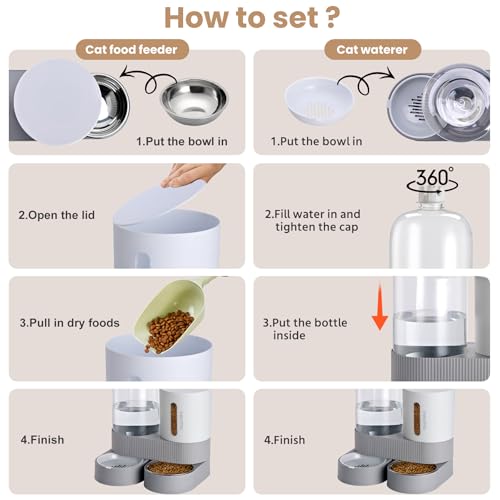2 Pack Automatic Cat Feeder Stainless Steel Water Dispenser Gravity Food Feeder and Waterer Set with Pet Food Bowl for Small Medium Kitten Puppy Pets Large Capacity(Grey)