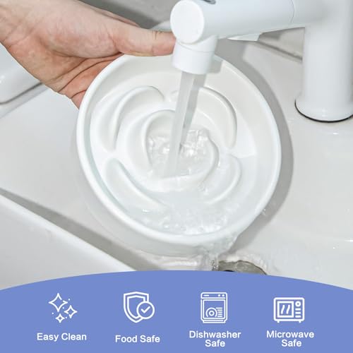 Welloyed 6'' Ceramic Slow Feeder Dog Bowls - Petal Shape Modern Dog Food Dish for Cats and Small Breed Dogs, Puzzle Maze Bowl to Slow Down Eating, Anti-Gulping, Dishwasher & Microwave Safe, White