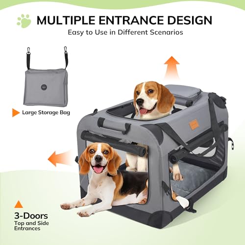Morpilot 24-inch Portable Collapsible Dog Crate: Travel Dog Crate Soft-Sided for Small Dogs up to 27lbs, with Foldable Bowl, Shoulder Strap & Storage Pockets, Grey