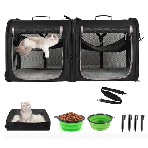 Wakytu Portable 2-in-1 Pet Carrier for Medium Dogs Large Cat Carrier for 2 Cats Travel Double Dog Crate Set with Portable Carry Bag/Hammocks/Mats/Tent Stakes/2 Pcs Pet Bowls for Outdoor Camping