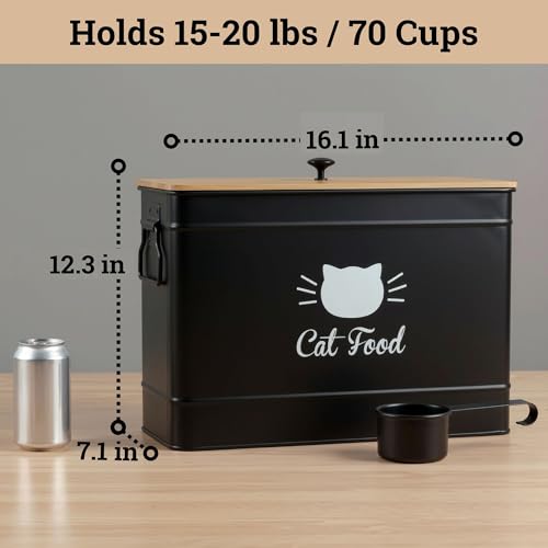Cat Food Storage Container with Scoop - 15 lb (50 Cup) Capacity Metal Cat Food Container with Airtight Bamboo Lid & Metal Scoop - Airtight Pet Food Storage Containers - 15 lb Treats & Kibble Container