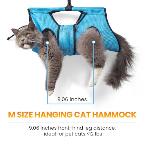 Pet Grooming Hammock for 5-11 lbs Pets, Door-Hook Hanging with Adjustable Height & Full Straps, Machine Washable with 1 Tool Bag Included Blue