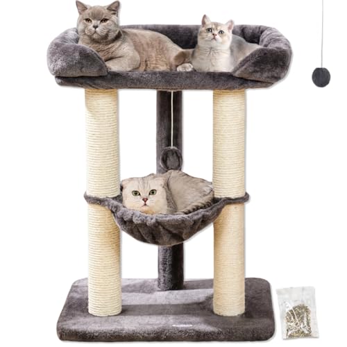 Happi N Pets 28" Cat Tree, Large Bed for Big Cats, Small Cat Tower with Soft Perch for Window Viewing, Stable Cat Tree Tower, Cat Scratching Post with Hammock, Removable Cover-Gray