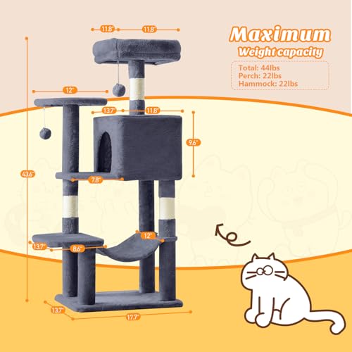 Sweetcrispy 44 Inch Cat Tree Tower, Cat Climbing Tower with Natural Sisal Scratching Posts, Hammock, Pet Condo for Indoor Cats and Kittens Play, Dark Grey