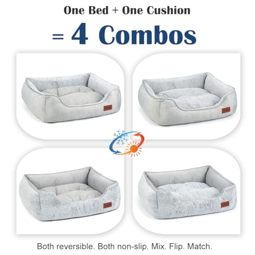 Small Dog Bed for Dogs with Cool to Touch Fabric， Soft Calming Cat Beds for Indoor Cats， Reversible Square Pet Bed for Puppy, Machine Washable Non-Slip Bottom S