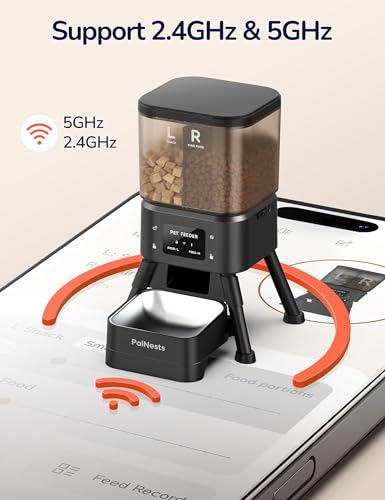 PalNests Dual Chamber Automatic Cat Feeder, Smart WiFi Pet Food Dispenser with 2.4&5G WiFi App, Custom Schedule & Portion Control for Dry Food and Treats, 4L, Black