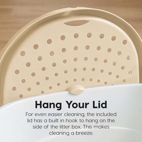 IRIS USA Cat Litter Box Large Top Entry with Lid Enclosed Covered Hooded Design Litter Catching Scatter Shield Pan Dog Proof Pet Proof Scoop Included Odor Control for Indoor Cats Kittens White/Beige