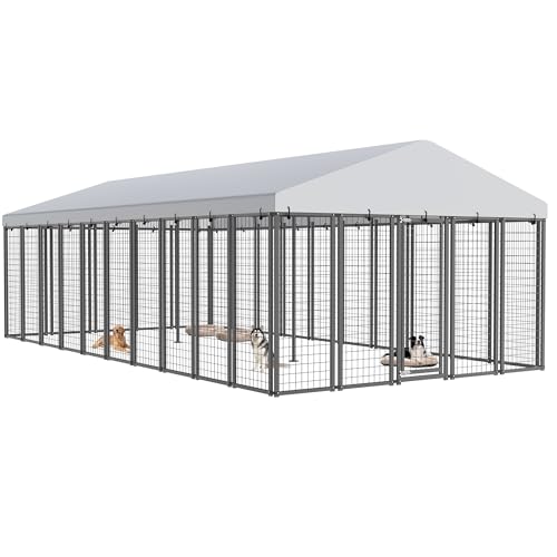 20x10ft Large Outdoor Dog Kennel, Heavy Duty Galvanized Steel Enclosure with Waterproof Roof & Secure Lock for Giant Breed Dogs