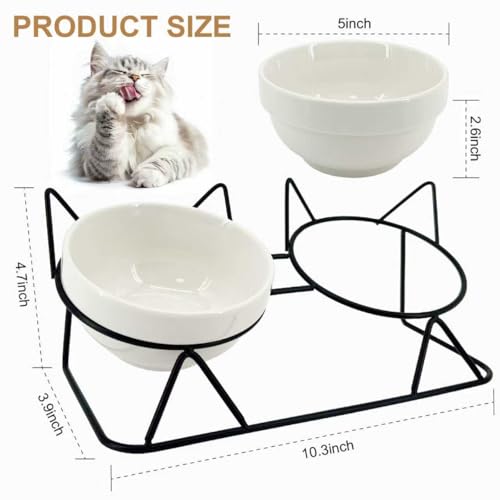 Elevated Tilted Cat Bowls for Indoor Cats，Raised Ceramic Cat Bowl Elevated 15°,Pet Feeding Bowls for Food and Water Anti Vomiting Bowl(Double Ceramics and Tilt Shelf) Suitable