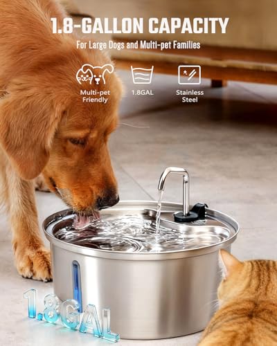 Pawccoli Dog Water Fountain Stainless Steel, 7L/1.8Gal Pet Fountain Water Bowl with Multi-Filtration & Deeper Drinking Aera, Large cat Water Fountain with Water Window & LED, Ultra-Quiet