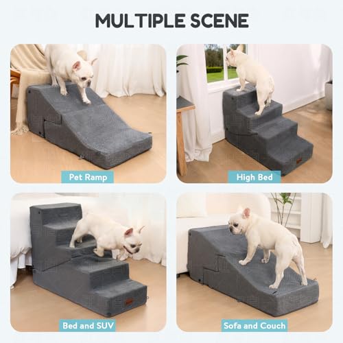 SIEMOUR 4-Step Dog Stair and Ramp for Small Dogs and Cats, Pet Steps for Bed with Non-Slip Bottom, Grey