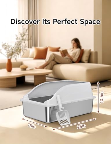 KISENG Stainless Steel Cat Litter Box, Extra Large XL Odor Free Metal Litter Box with High Sides Lid, Open Top Litter Pan Include Scoop Easy Cleaning Kitty Cat Box Anti-Urine Leakage, Non-Sticky