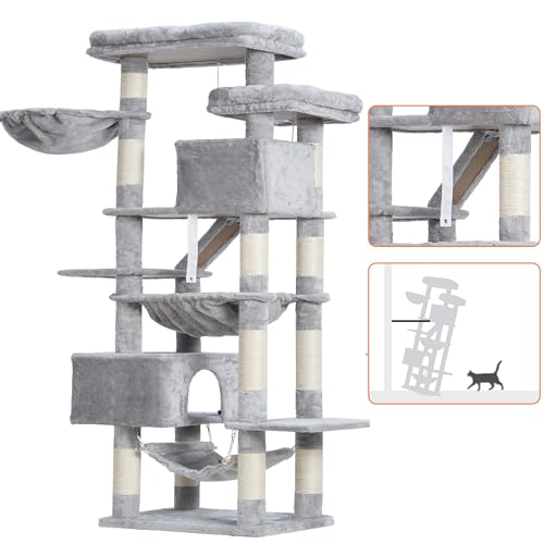 Heybly Cat Tree, 71-Inch-Tall Tower for Indoor Cats with 2 Perches, 2 Big Condos, 2 Hammocks, Basket, Scratching Pad, Large Cat Furniture and Condo, Light Gray HCT034W