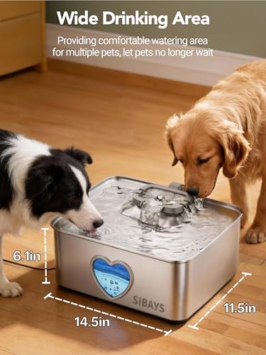 SIBAYS 15L Large Dog Water Fountain, 4 Gal Stainless Steel Pet Water Fountain for Dogs Inside, Ultra Quiet Automatic Dog Water Bowl Dispenser with Water Level Window & LED Light, Easy to Clean FS80