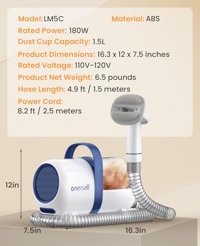 oneisall Cat Grooming Vacuum, Quiet Pet Vacuum Grooming Kit with Brush & Clippers for Hair Shedding Trimming, 6 in 1 Cat Vacuum Groomer for Pet Hair Grooming, White