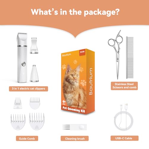 Bautrium Cat Grooming Clippers Kit with Paw Trimmer, 3 in 1 Electric Pet Hair Trimmer Supplies for Thick Matted Hair, Heavy Coat Butt Shaver Cat Razor Fur Trimmer for Dogs at Home (White)
