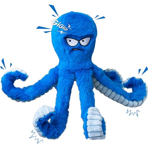 LEGEND SANDY Tough Dog Toys, Stuffed Chew Large Dog Toys to Keep Them Busy, Interactive Squeaky Tug of War Doggie Toy, Crinkle Blue Octopus